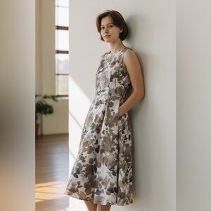 Calvin Klein Khaki, Cream and Cornflower Blue Floral Midi Dress NWOT